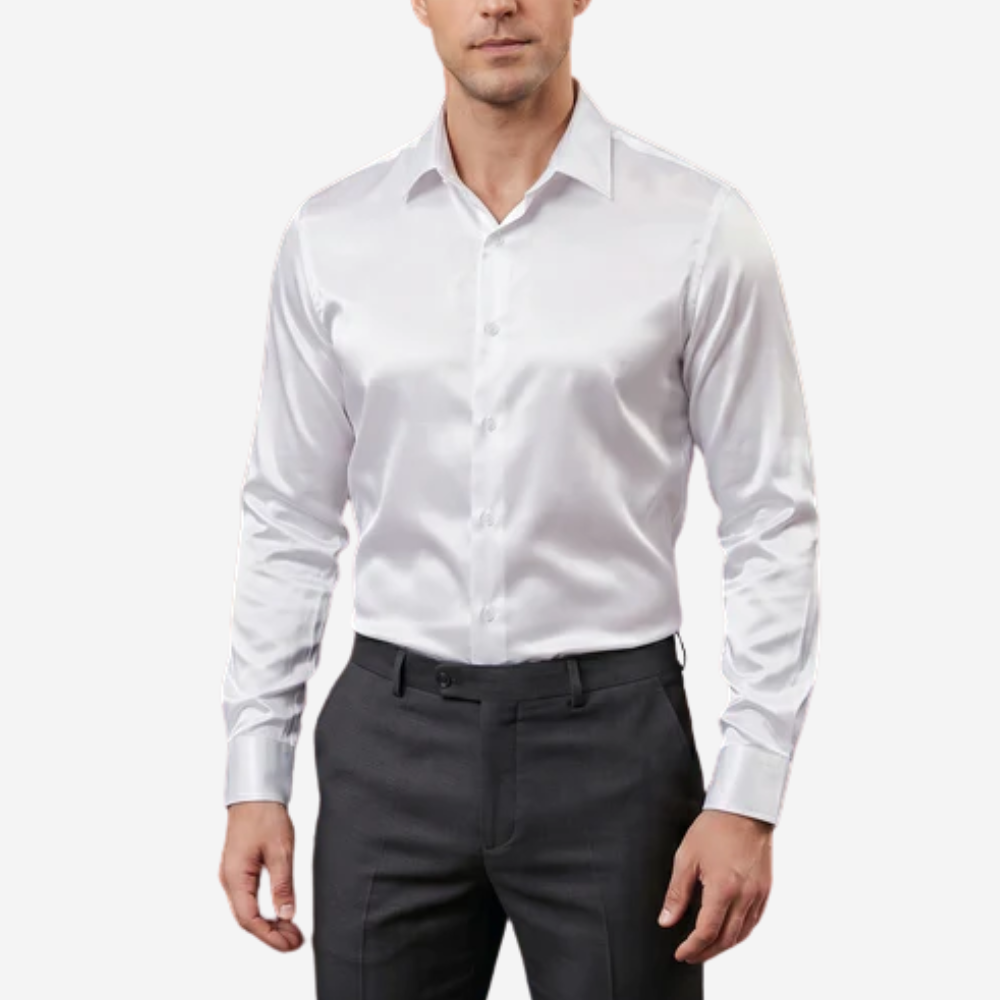 Barry. Wang Mens White Formal Shirt Business Satin Dress Long Sleeve Shirt, S / White