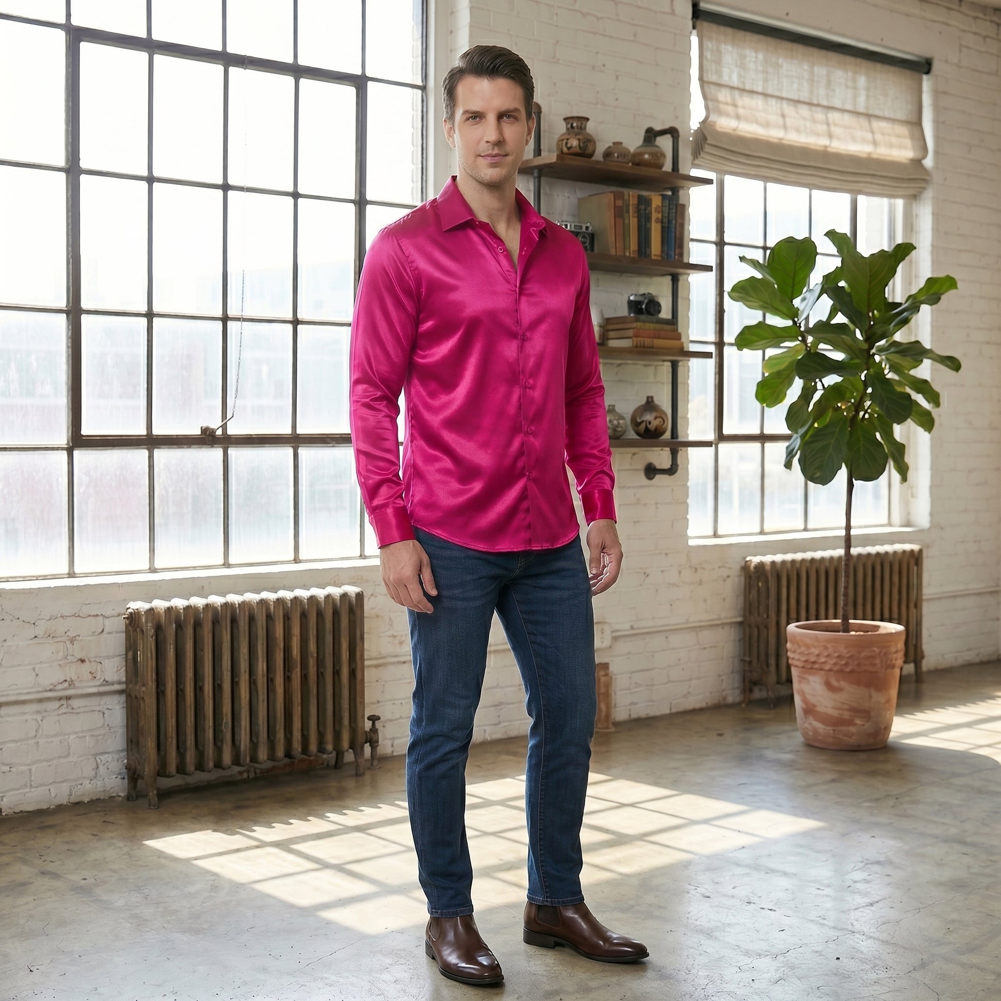 Barry. Wang Hot Pink Formal Shirt Mens Satin Business Work Long Sleeve Barry. Wang Hot Pink Formal Shirt Mens Satin Business Work Long Sleeve