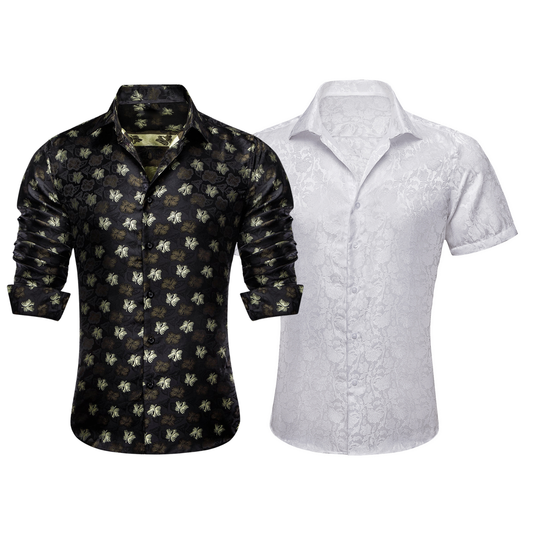 Barry.Wang 2pcs Mens Shirts White Black Floral Shirt Silk Shirt