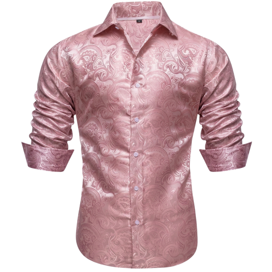 Barry. Wang Pink Wedding Mens Long Sleeve Floral Silk Dress Shirt