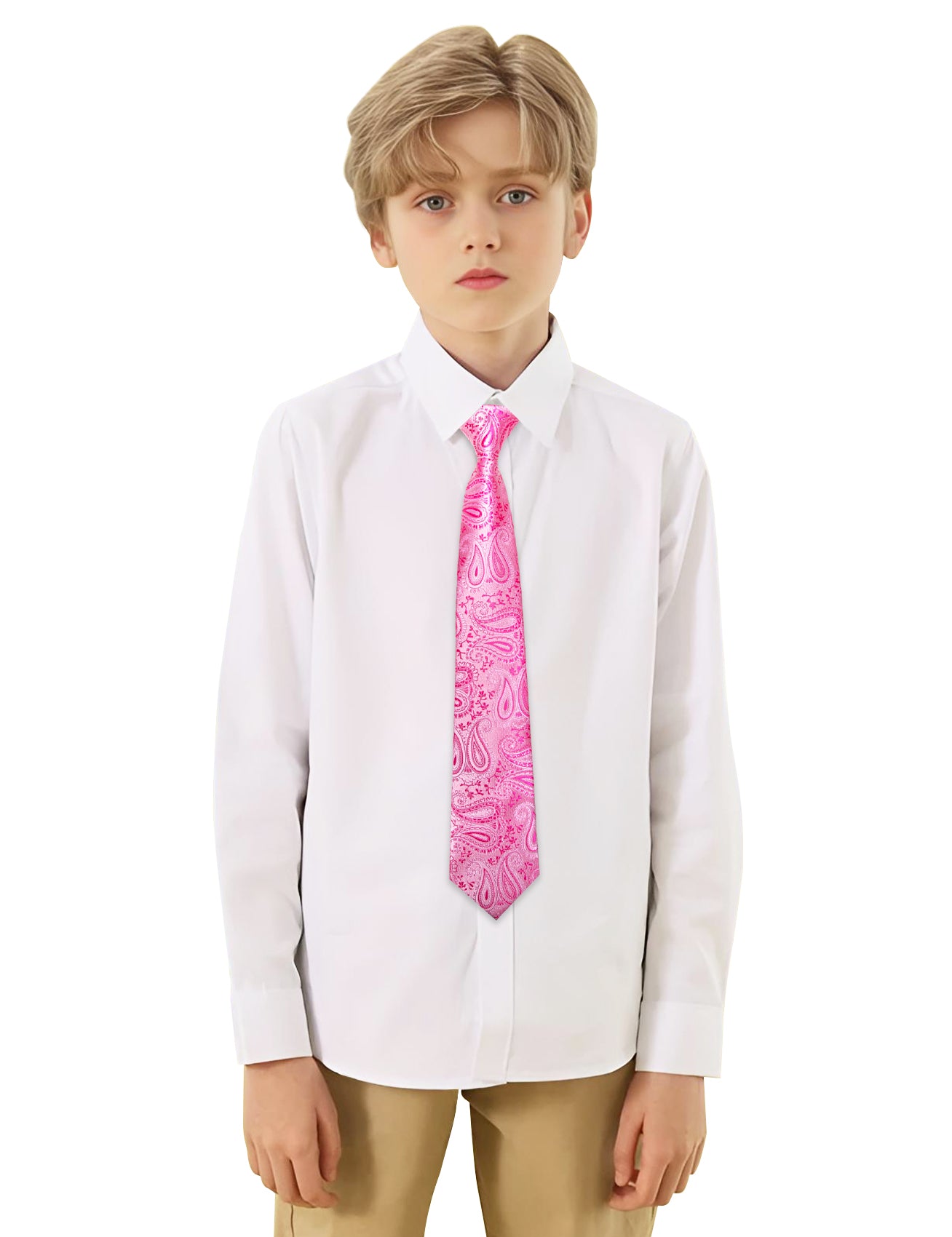 Barry.wang Kid's Tie Hot Pink Jacquard Children Tie Pocket Square Set