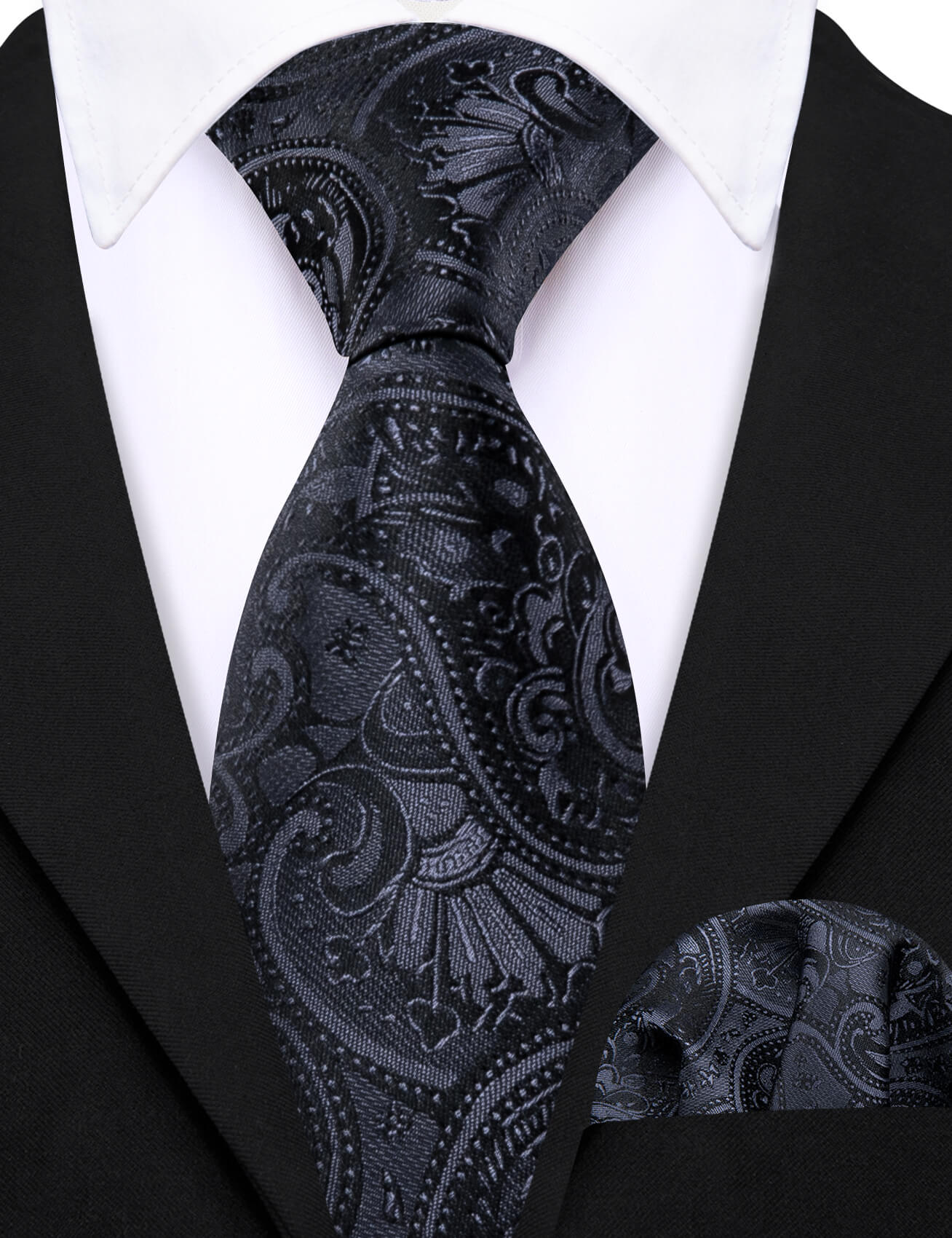 Barry.wang Floral Tie Black Grey Jacquard Children's Tie Hanky Set