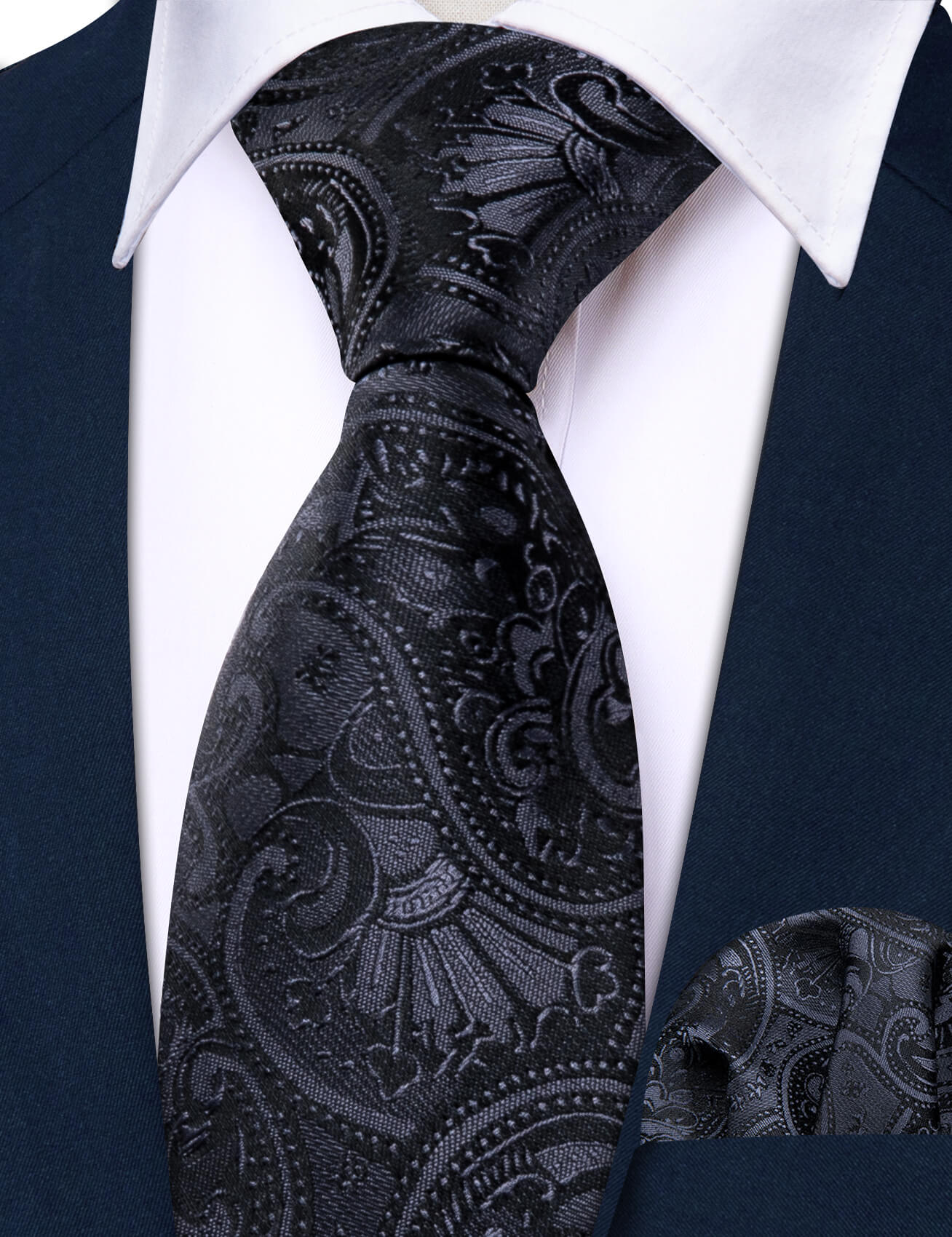 Barry.wang Floral Tie Black Grey Jacquard Children's Tie Hanky Set