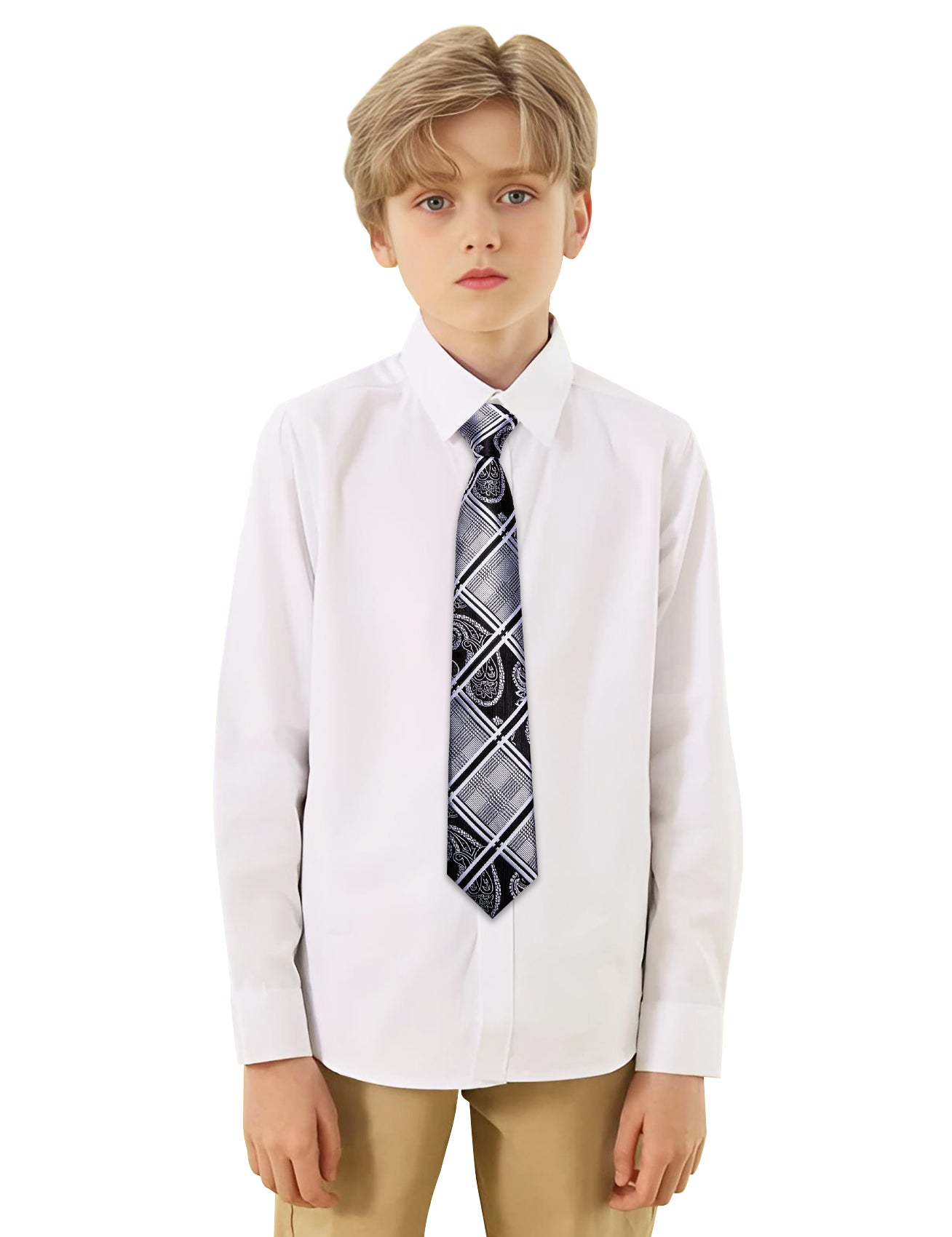 Barry.wang Kids Tie Black White Floral Children's Silk Tie Hanky Set