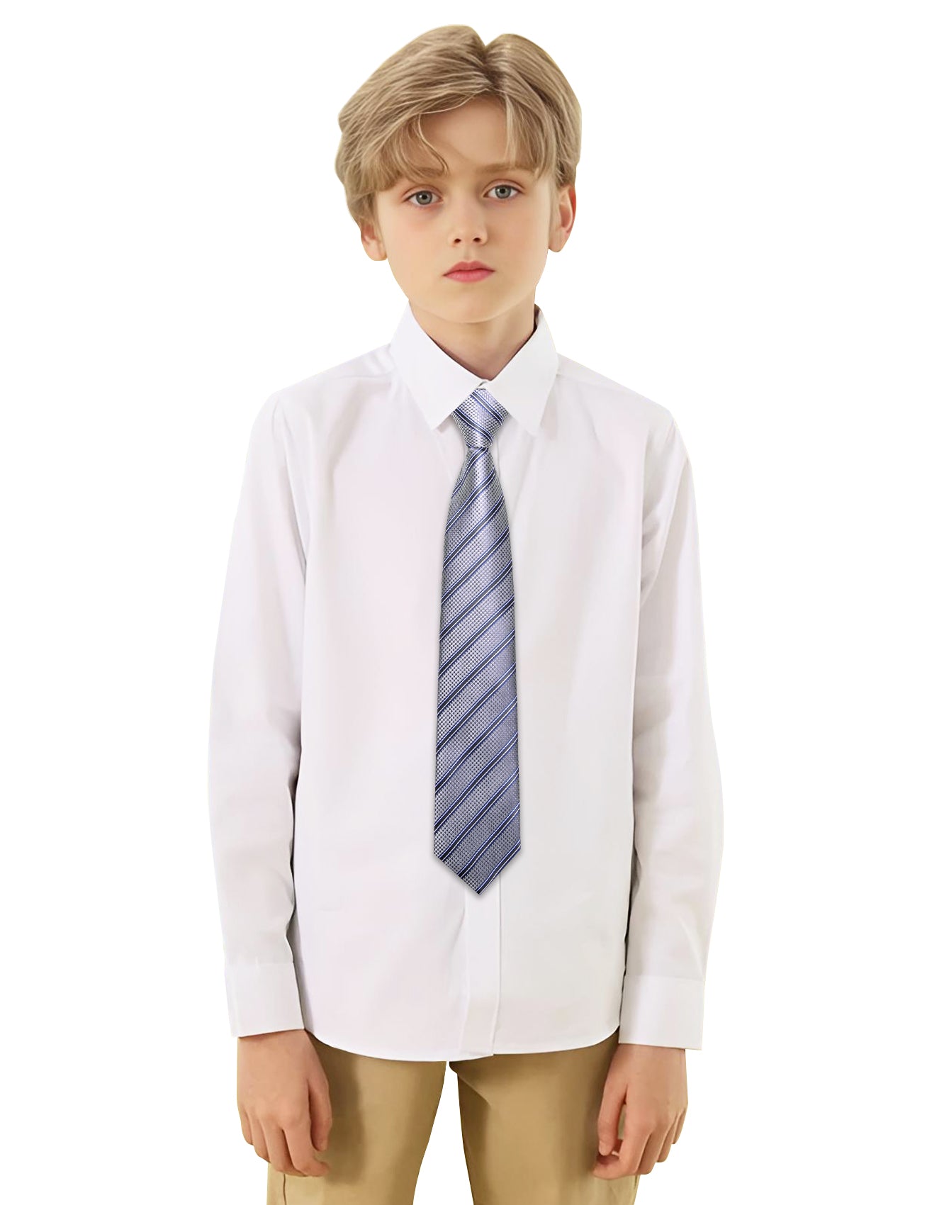 Barry.wang Kids Tie Grey Blue Striped Children's Silk Tie Hanky Set