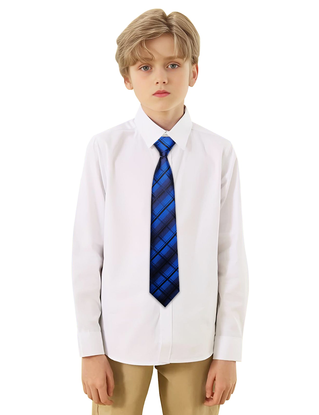 Barry.wang Kids Tie Blue Black Plaid Silk Tie Hanky Set for Children
