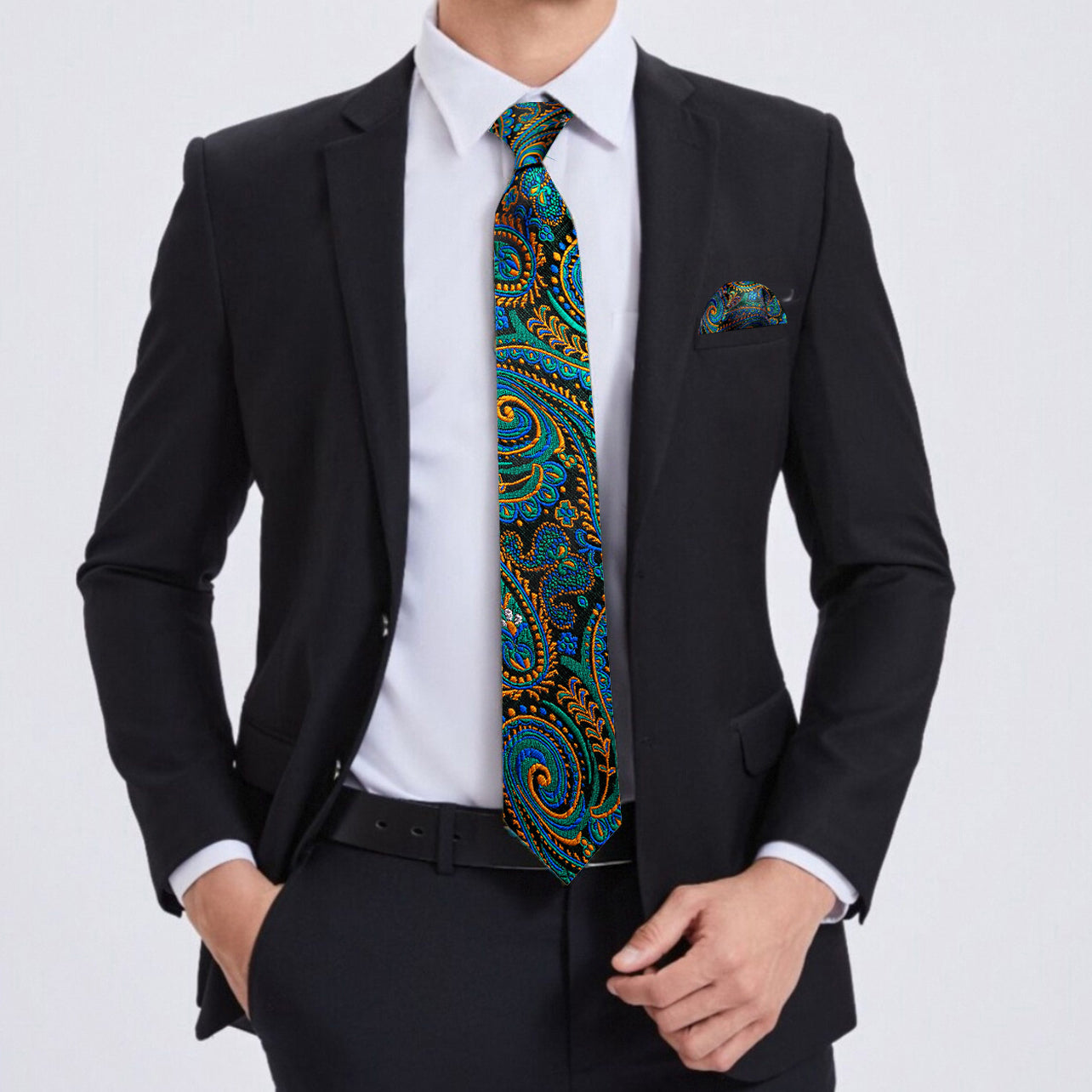 Barry. Wang Paisley Tie Blue Green Gold Mens Necktie Hanky Cufflinks S