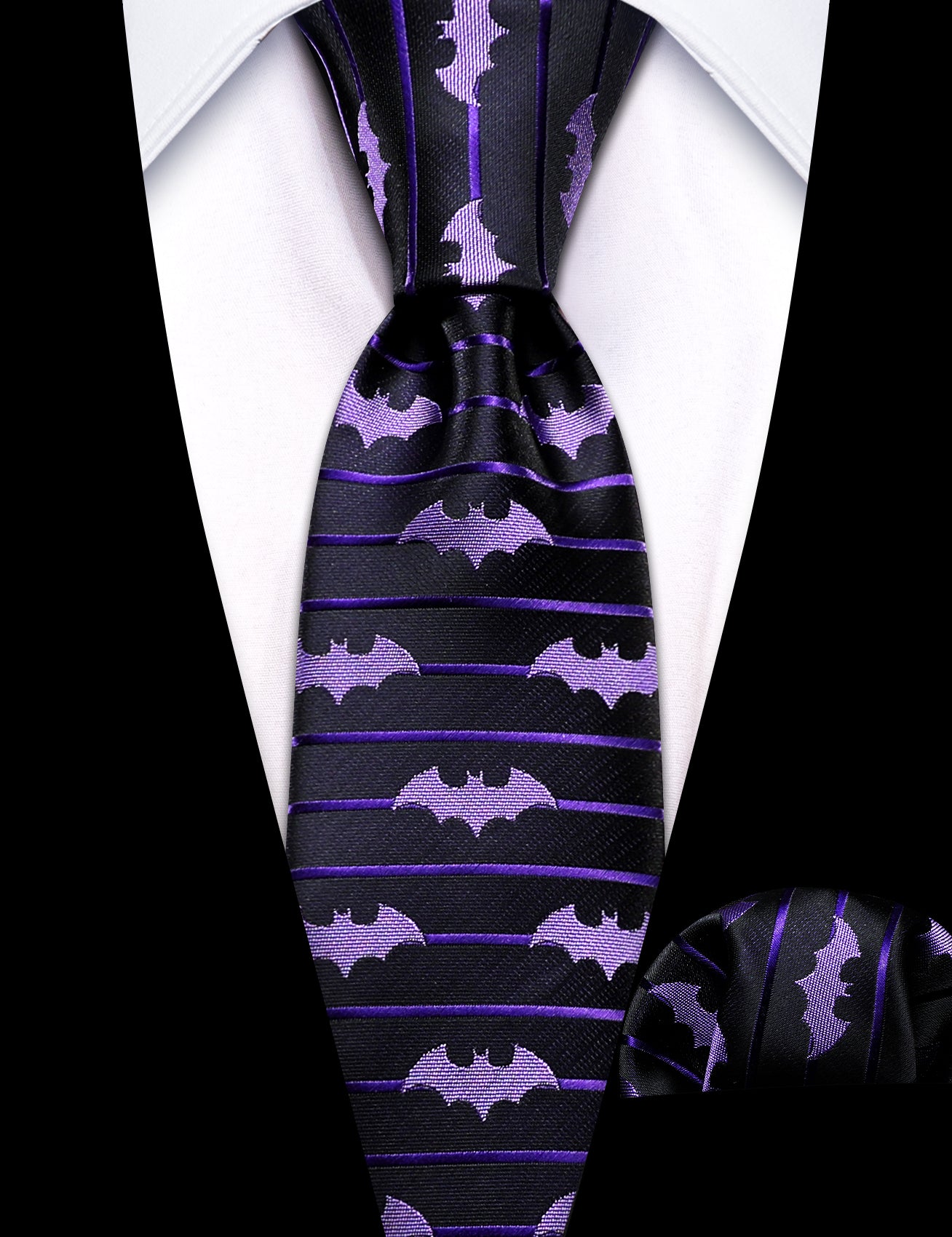 Children Black Purple Bat Tie Pocket Square Set