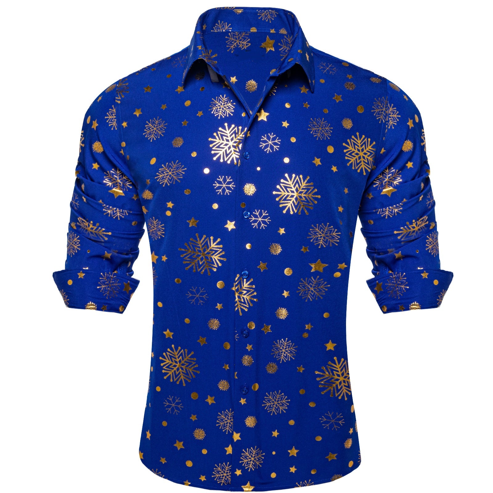 Barry. Wang Holiday Royal Blue Shirt Gold Snowflake Pattern Long Sleeve Shirt