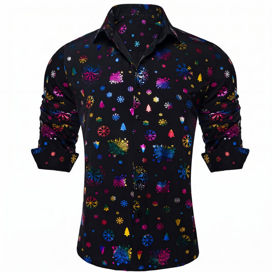 Barry. Wang Mens Party Shirt Black Colorful Metallic Fireworks Print Holiday Long Sleeve Shirt