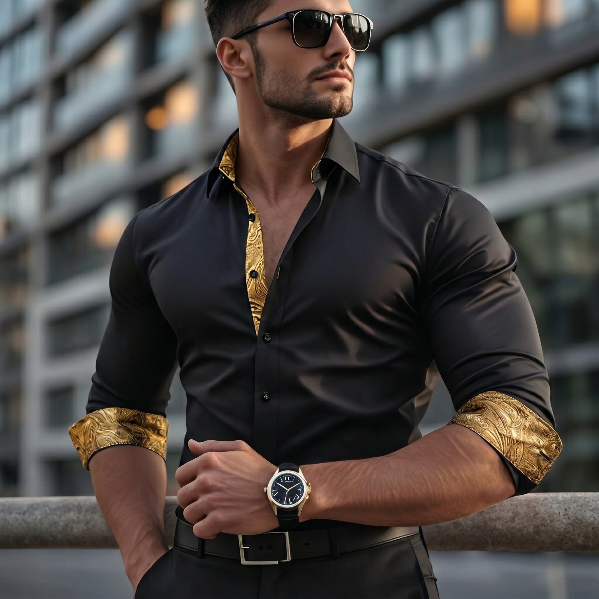 mens black dress shirt with gold Barry Wang Black Shirt Dress Patchwork Long Sleeve Collared Shirt Men – Barry. Wang