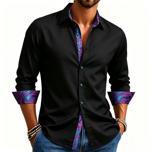 Barry. Wang Black Dress Shirt Mens Splicing Silk Long Sleeve Button Up Shirt