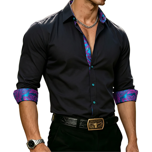 Barry. Wang Black Splicing Wedding Shirt for Men Luxury Paisley Silk Jacquard Party Long Sleeve Dress Shirt