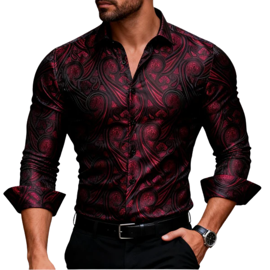 Barry. Wang Burgundy Long Sleeve Prom Shirt for Men Woven Texture Silk Party Button Down Shirt