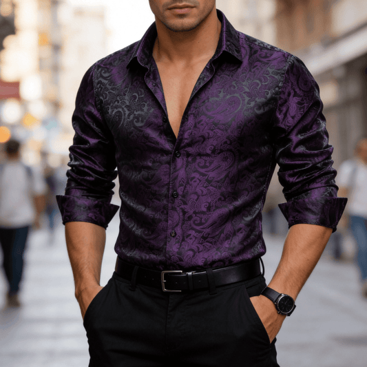 Barry. Wang Mens Purple Dress Shirt Paisley Silk Long Sleeve Button Down Shirt