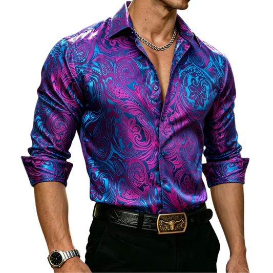 Barry. Wang Mens Purple Paisley Dress Shirt Jacquard Casual Party Long Sleeve Shirt