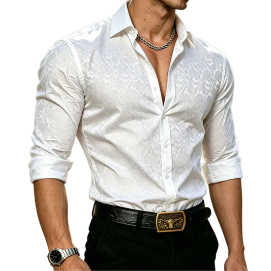 Barry. Wang Mens White Dress Shirt Paisley Silk Long Sleeve Button Down Shirt