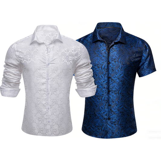 Barry.Wang 2pcs Mens Shirts White Blue Paisley Shirt Silk Shirt