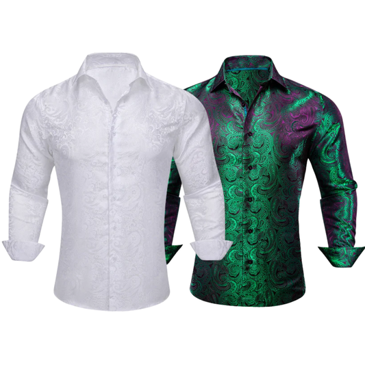 Barry.Wang 2pcs Mens Shirts White Hunter Green Paisley Shirt Silk Shirt