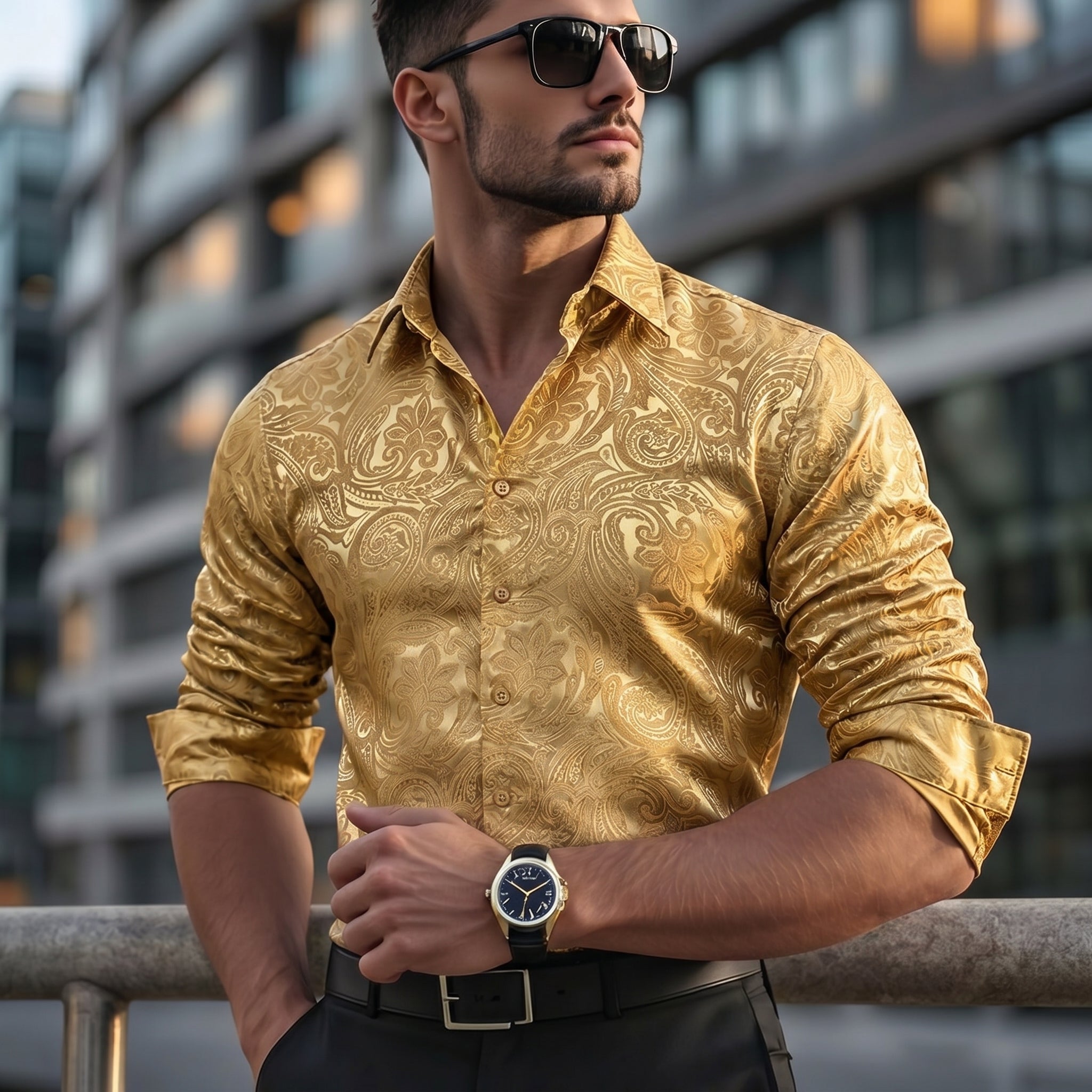 Barry. Wang Mens Gold Paisley Dress Shirt Silk Party Casual Long Sleev