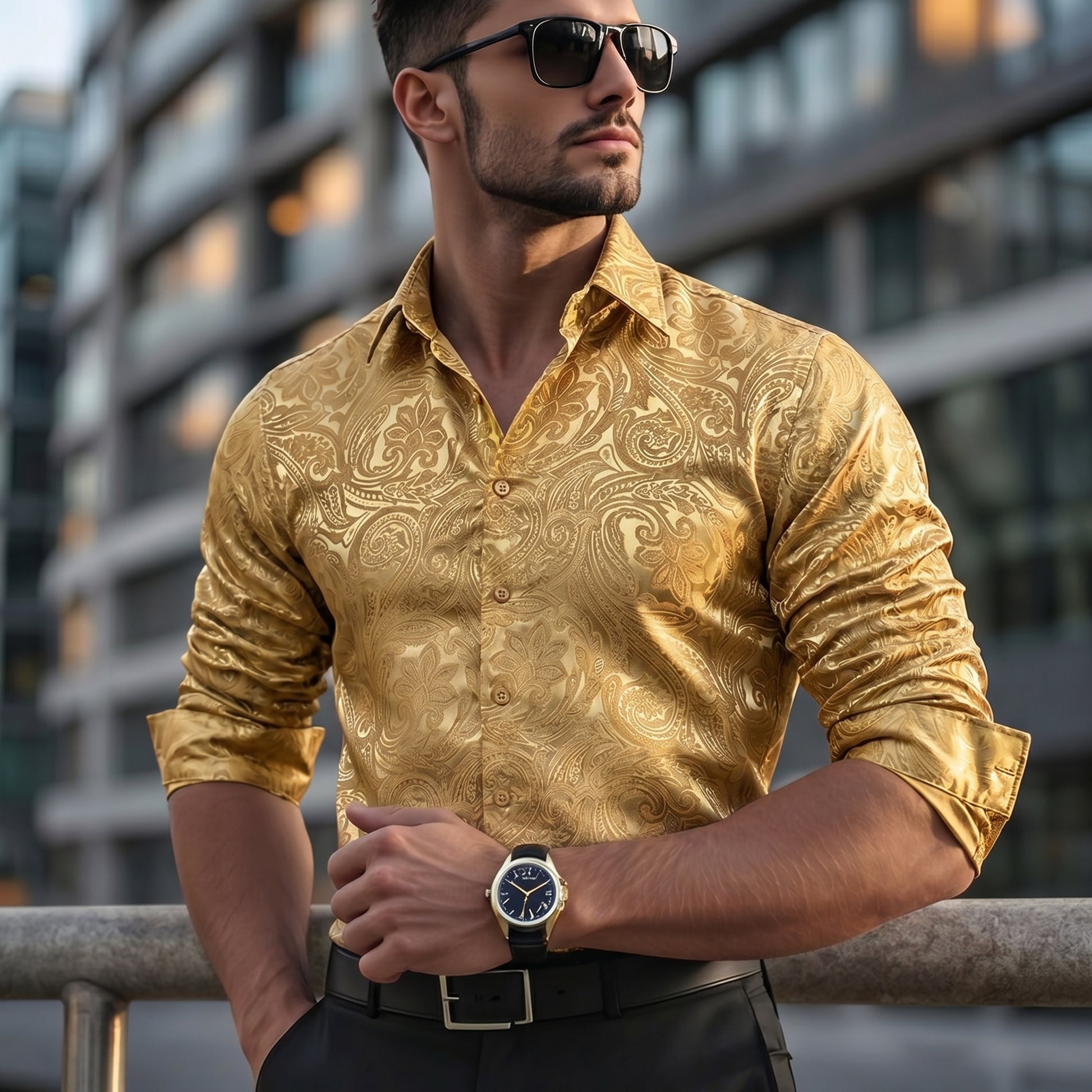 mens shiny gold dress shirt Noxwb Men's Metallic Shiny Long Sleeve Dress Shirt Reflective Slim Fit Button Down Shirts for Nightclub Performances Gold S, Size: Small