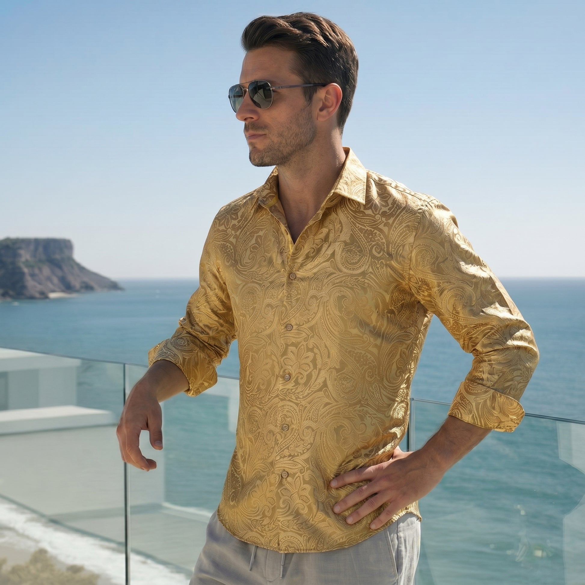 mens dress shirts gold color Men's Light Gold Satin Dress Shirt with Tie & Handkerchief 20.5 35/36 / Gold