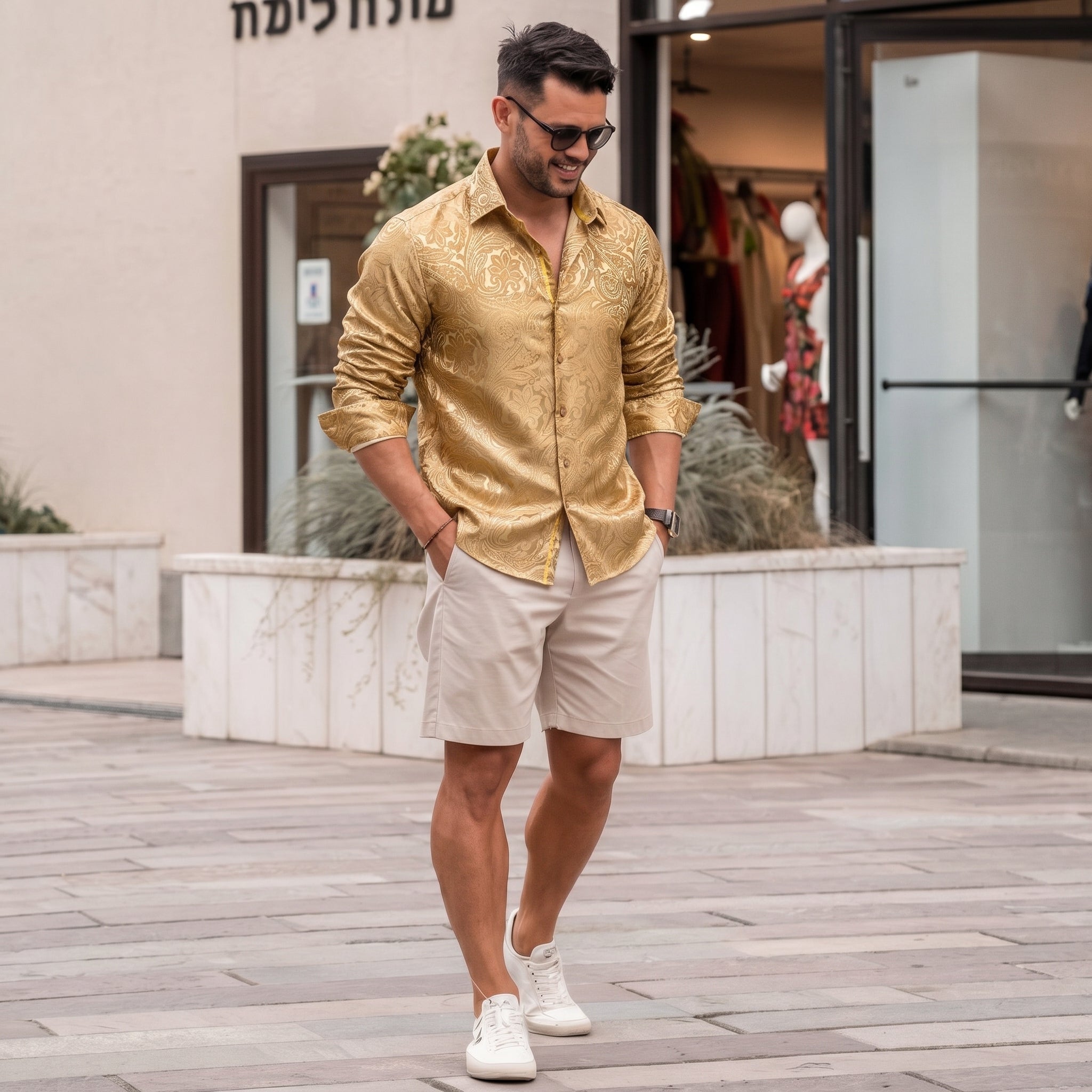 Barry. Wang Mens Gold Paisley Dress Shirt Silk Party Casual Long Sleev