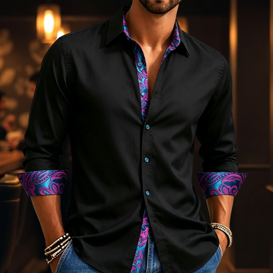 Barry. Wang Black Dress Shirt Mens Splicing Silk Casual Party Club Long Sleeve Shirt