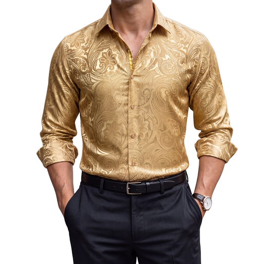 Barry. Wang Mens Gold Paisley Dress Shirt Silk Party Casual Long Sleeve Shirt