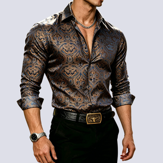Barry. Wang Mens Brown Paisley Dress Shirt Business Casual Long Sleeve Shirt