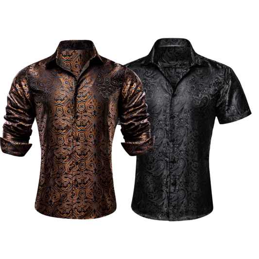 Barry.Wang 2pcs Mens Shirts Brown Black Paisley Shirt Silk Shirt