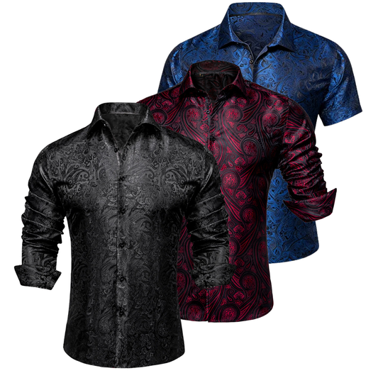 Barry.Wang 3pcs Mens Dress Shirts Black Red Blue Shirt Silk Shirt