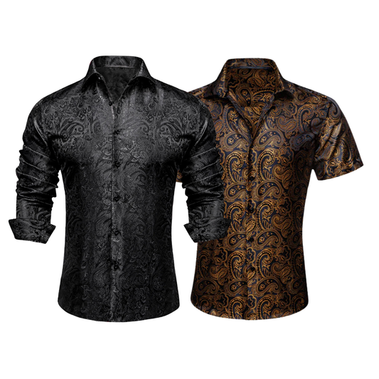 Barry.Wang 2pcs Mens Shirts Black Gold Paisley Shirt Silk Shirt