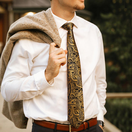 Barry. Wang Gold Paisley Formal Tie Silk Suit Necktie Pocket Square Set