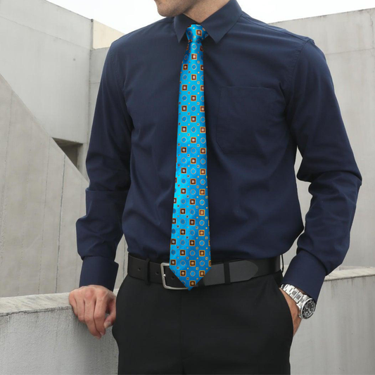 Barry. Wang Teal Blue Tie Orange Squares Novelty Necktie Set