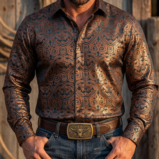 Barry. Wang Western Belt for Men Brown Leather Cowboy Belt Longhorn Bull Buckle Ratchet