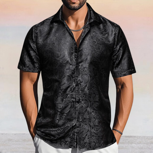 Barry. Wang Mens Black Paisley Short Sleeve Shirt Summer Beach Button Up Shirt
