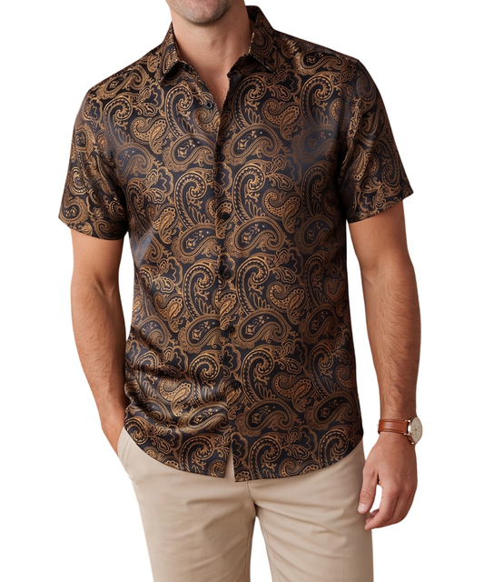 Barry. Wang Gold Casual Shirt for Men Paisley Short Sleeve Button Down Shirt