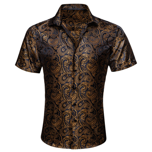 Barry. Wang Gold Casual Shirt for Men Paisley Short Sleeve Button Down Shirt