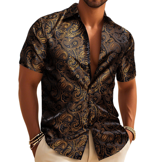 Barry. Wang Gold Casual Shirt for Men Paisley Short Sleeve Button Down Shirt