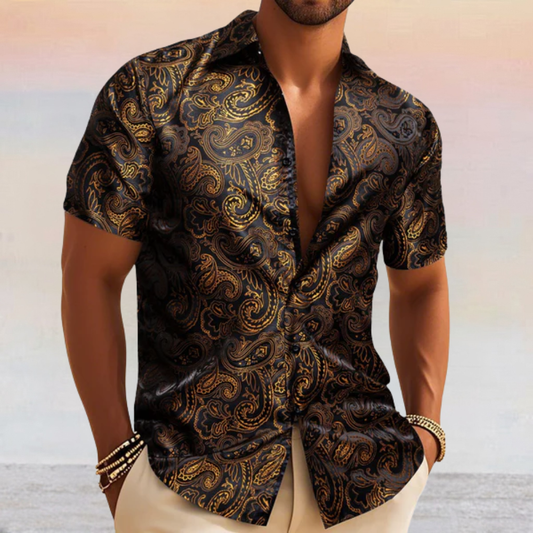 Barry. Wang Gold Casual Shirt for Men Paisley Short Sleeve Button Down Shirt