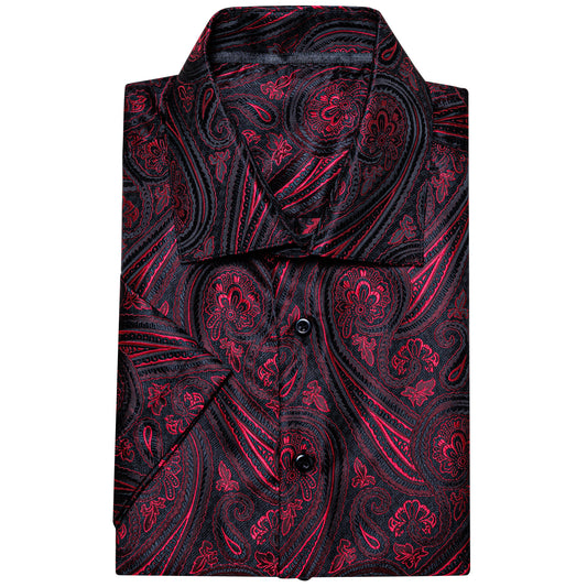 Barry. Wang Men's Black Burgundy Party Short Sleeve Shirt Paisley Silk Jacquard Wedding Shirt Regular Fit