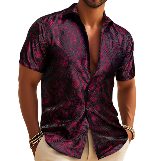Barry. Wang Mens Western Shirt Silk Burgundy Paisley Short Sleeve Button Down Dress Shirt