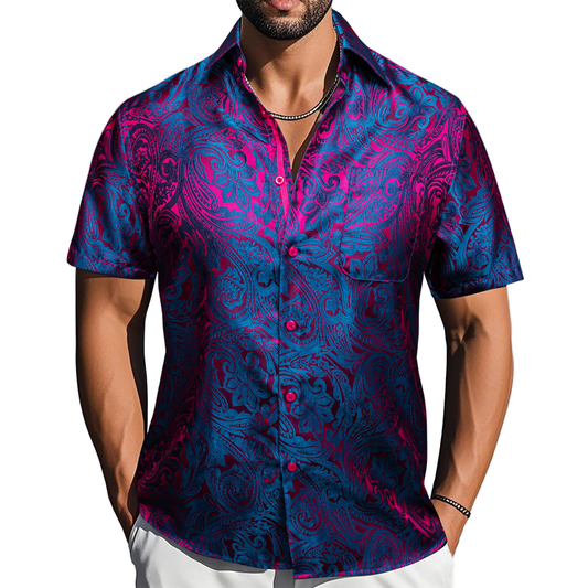 Barry. Wang Blue Purple Paisley Jacquard Short Sleeve Button Up Shirt for Men