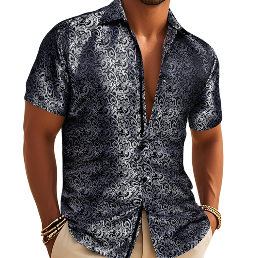 Barry. Wang Mens Paisley Casual Shirt Black Silk Short Sleeve Button Down Shirt Party