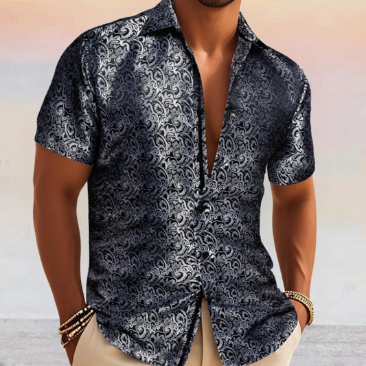 Barry. Wang Silver Paisley Short Sleeve Shirt Buiness Casual Button Up Shirt