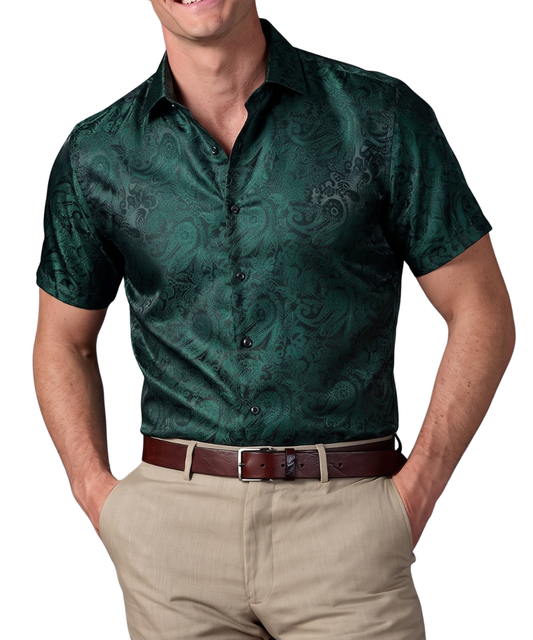Barry. Wang Hunter Green Short Sleeve Shirt Mens Jacquard Casual Button Up Shirt