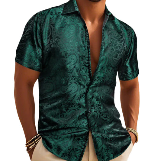 Barry. Wang Hunter Green Short Sleeve Shirt Mens Jacquard Casual Button Up Shirt