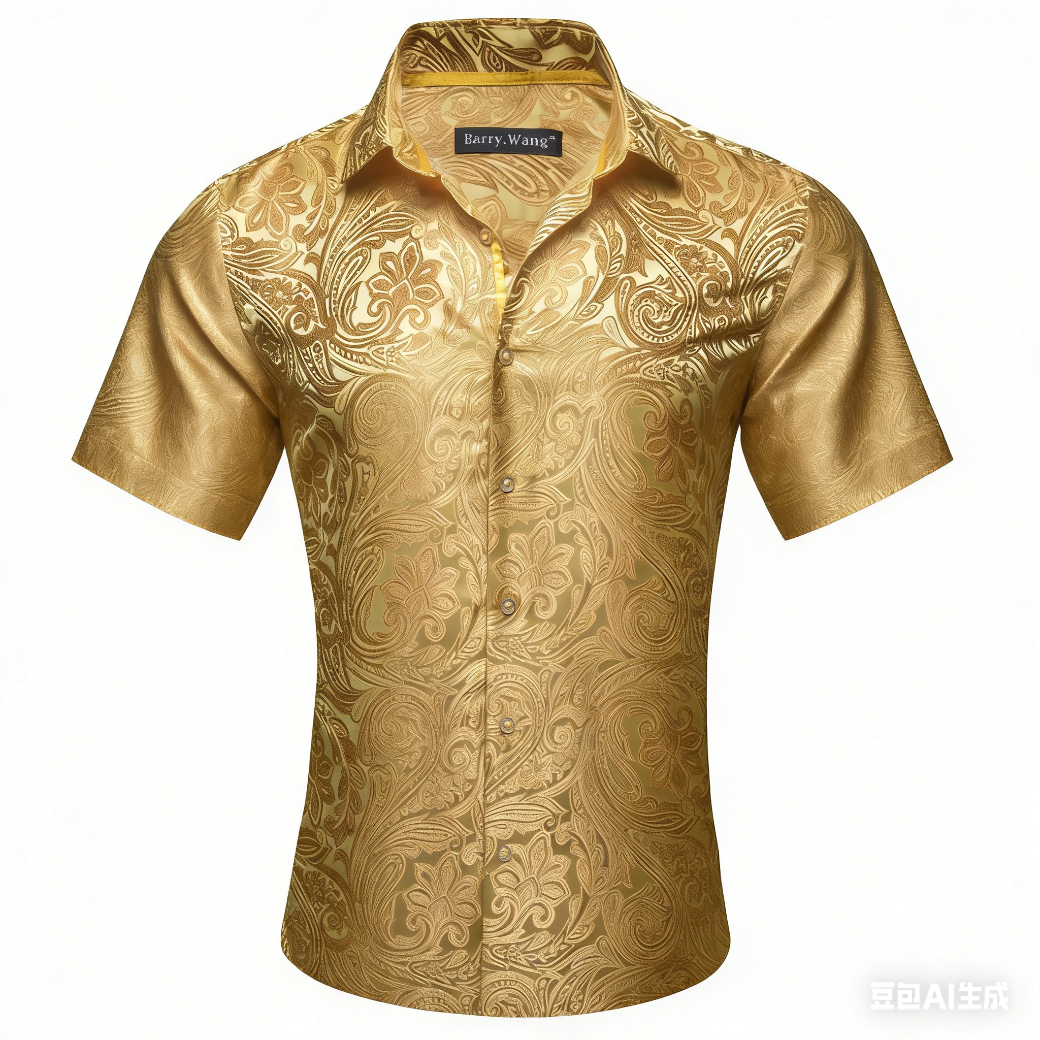 Men's Gold & Black Geometric Print Short Sleeve Button-Down Shirt – Silky Soft, Vintage Style