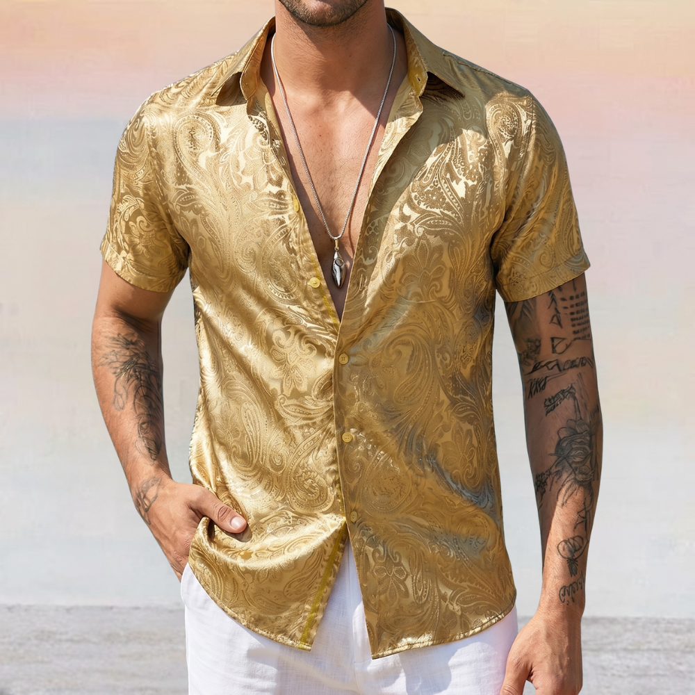Barry. Wang Gold Paisley Short Sleeve Shirt for Men Silk Jacquard Button Up Party Casual Shirt, S